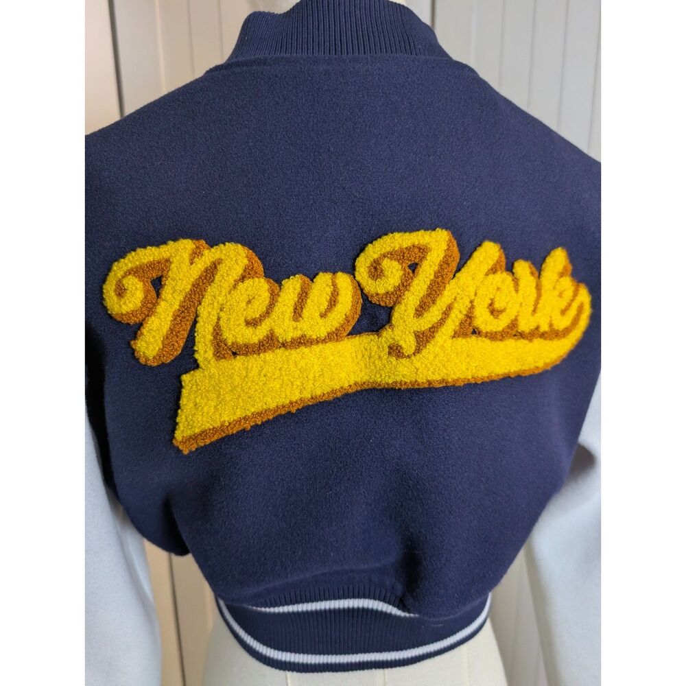 Forever 21 Cropped Varsity Jacket Brooklyn 28 Navy White Wool Blend Small - Picture 5 of 8